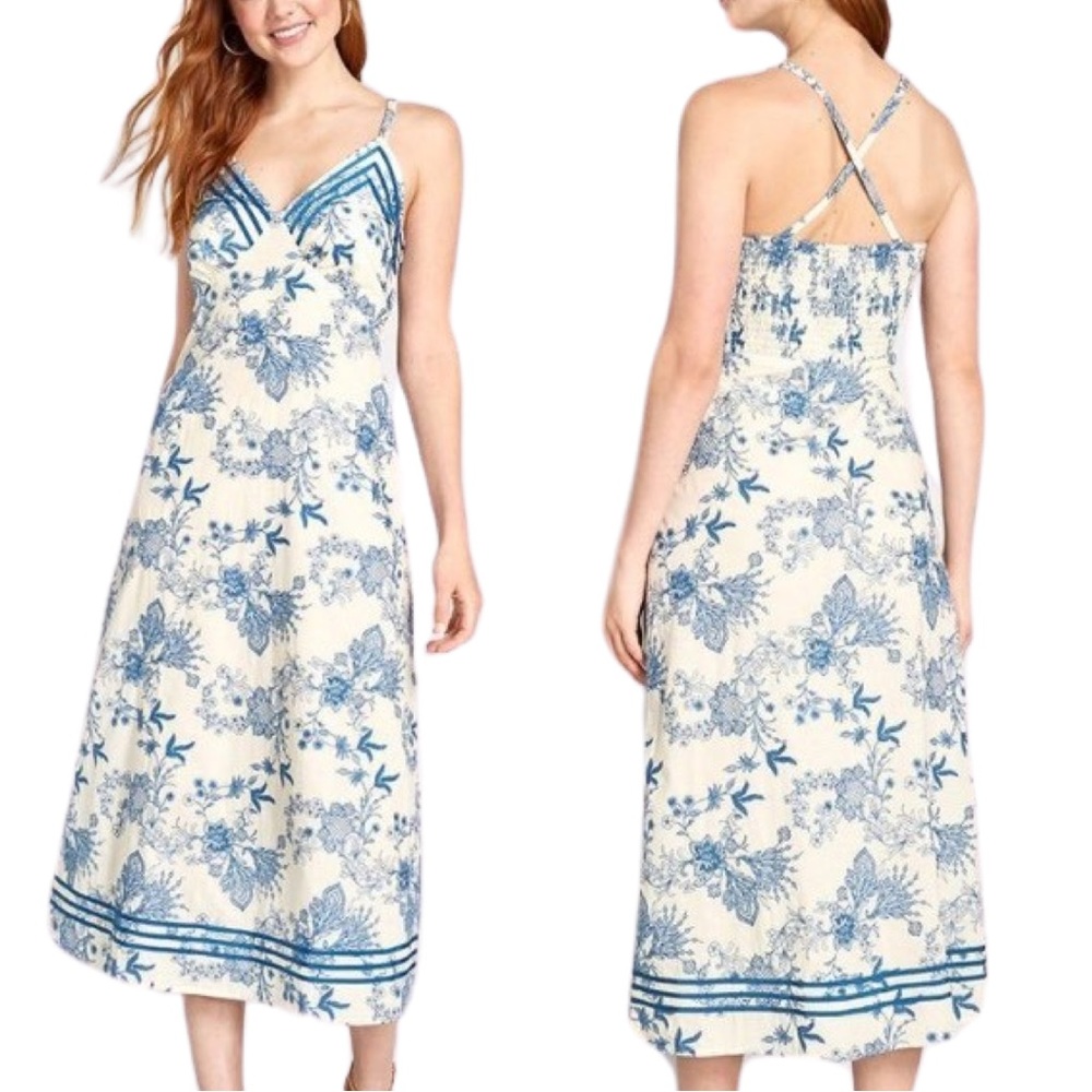 Anna Sui Ivory and Blue Patterned Midi Dress